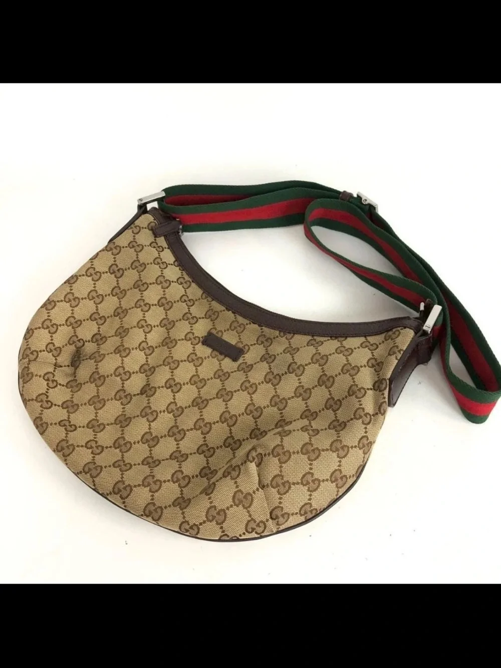 Gucci Beige/Brown Canvas Monogram Saddle Bag with Green/Red Web Strap